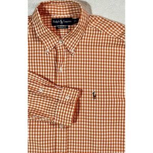 Polo Ralph Lauren Button Shirt Sz L Classic Fit Orange Check Natural Pony Oxford